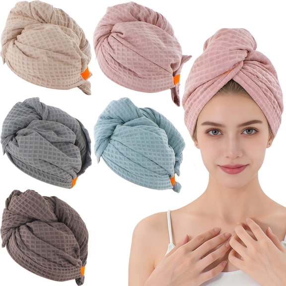 5 Pack Microfiber Hair Drying Towel Cap for Women, Quick-Dry Absorbent Hair Turban Wrap with Waffle Weave Texture, Soft Breathable Shower Cap for Wet Hair, Long Hair and Curly Hair