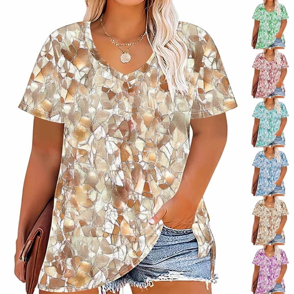 Jsaierl Tops for Women Short Sleeve Casual Vacation Shirts V Neck Soft Tunic Blouses Trendy Plain T-shirts Top Plus Size XL-5XL