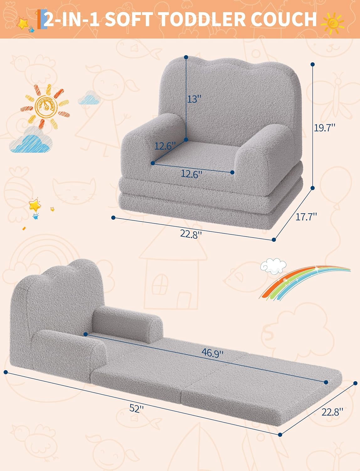 Kids Couch, 2-in-1 Convertible Teddy Fleece Fabric Toddler Sofa Chair, Soft Fold Out Couch Lounger for Kids, Comfy Children's Sofa Bed for Playroom, Nursery, Birthday Gift (Grey)