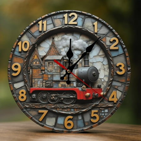 Wall Clock Decorative - Vintage Red Train Print 2D Vintage Wall Clocks Battery Operated Silent Non-Ticking for Bedroom, Living Room, Kitchen, Office, Classroom, 10 Inch