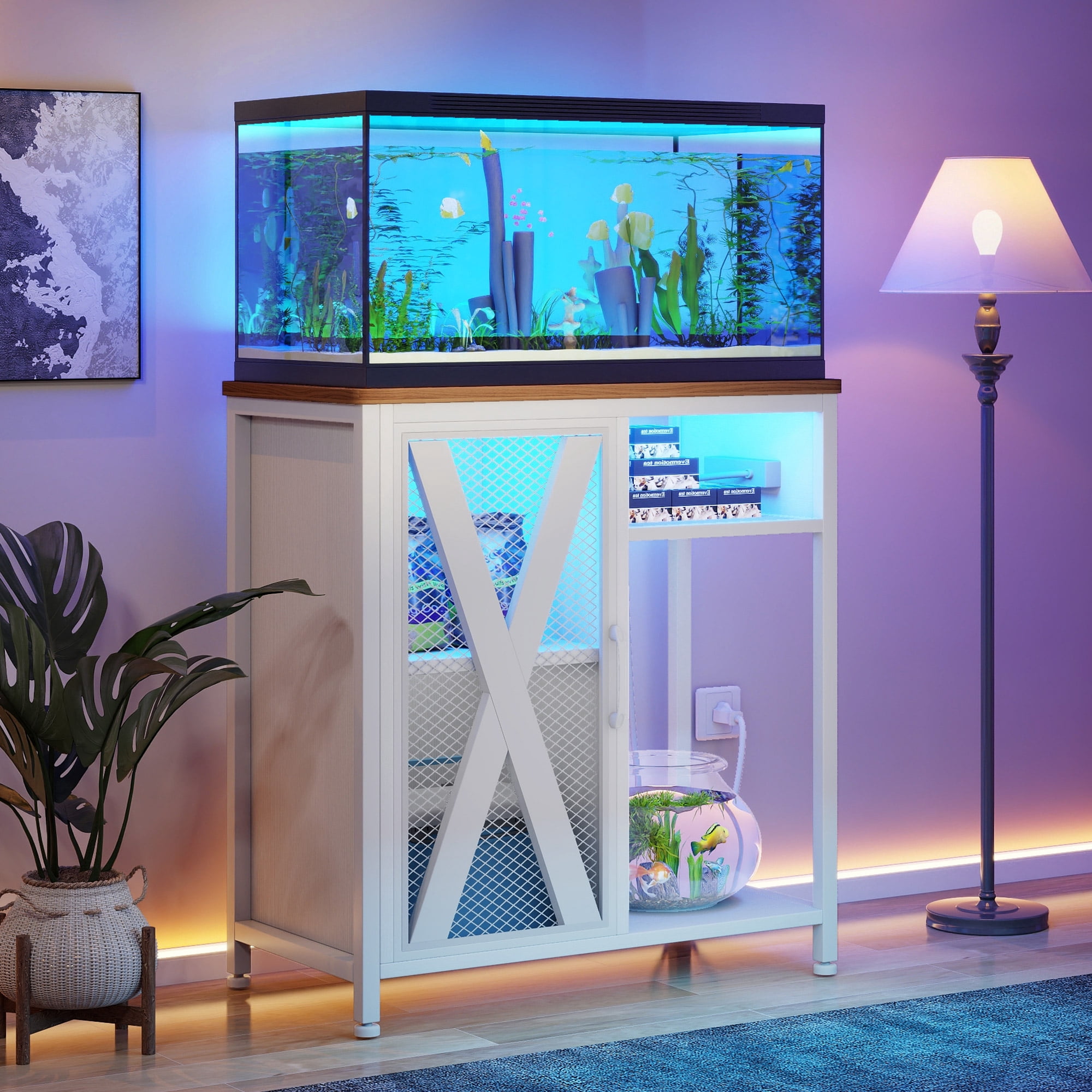 Uforic Aquarium Stand with Power Outlets & LED Light and Cabinet for 20-30 Gallon Fish Tank Stand, Turtle Tank, Reptile Terrarium - White