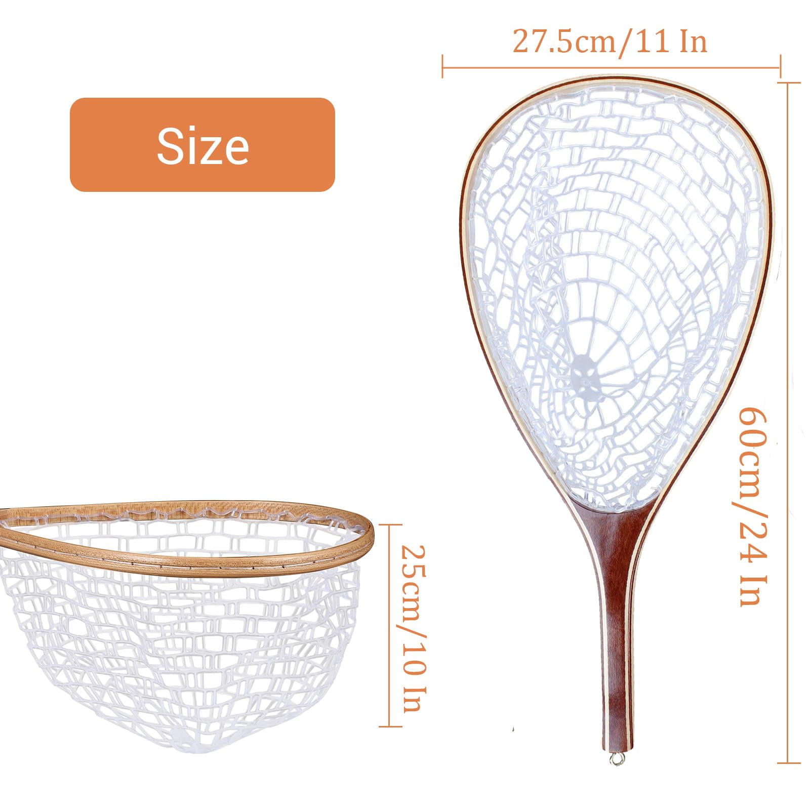 Fly Fishing Landing Net with Wooden Handle – Lightweight Knotless Rubber Mesh Design for Safe Fish Handling, Ideal for Trout, Bass, and Other Freshwater Species in Rivers, Lakes, and Streams