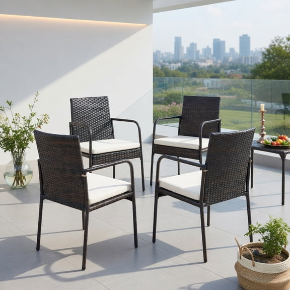 Topcobe 4 Pieces Patio Wicker Rattan Dining Set with Comfy Cushions, Outdoor Patio Furniture