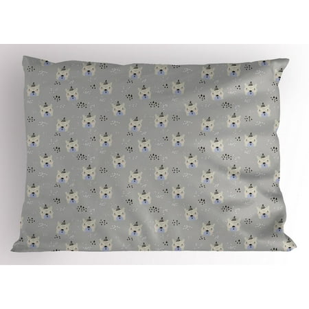 Hipster Pillow Sham, Cute Bear Faces with Glasses and Doodle Triangles Dots Nursery Pattern, Decorative Standard Size Printed Pillowcase, 26 X 20 Inches, Pale Grey Black Beige, by Ambesonne