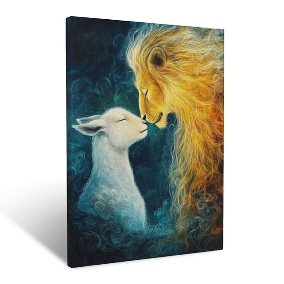 CozyNet A Lion And A Lamb Together Peaceful Unity & Biblical Symbolism Glowing Wall Art Prints With Frame Canvas Perfect for Living Room & Bedroom, Ready to Hang, Wall Decor 12"x16"