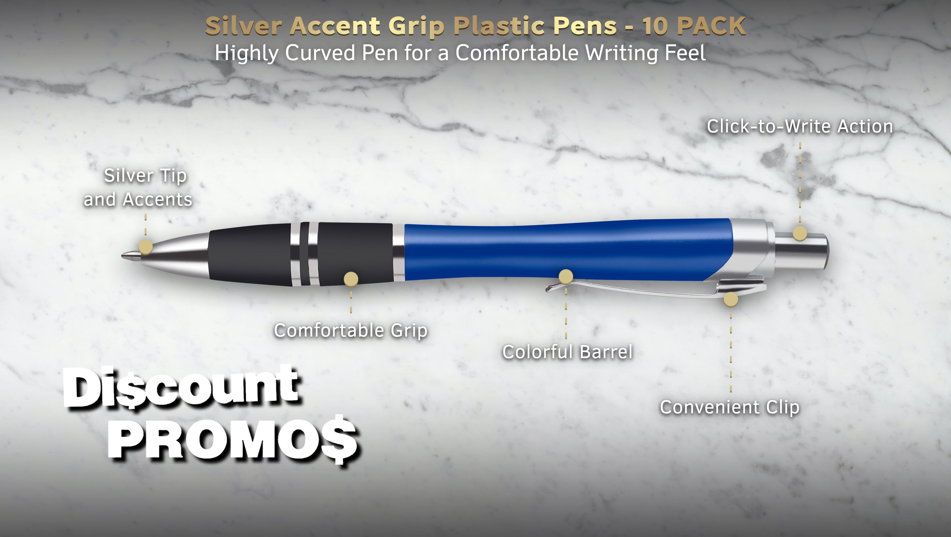 10 Silver Accent Grip Plastic Pens Pack - Click action, Rubber Grip - Blue