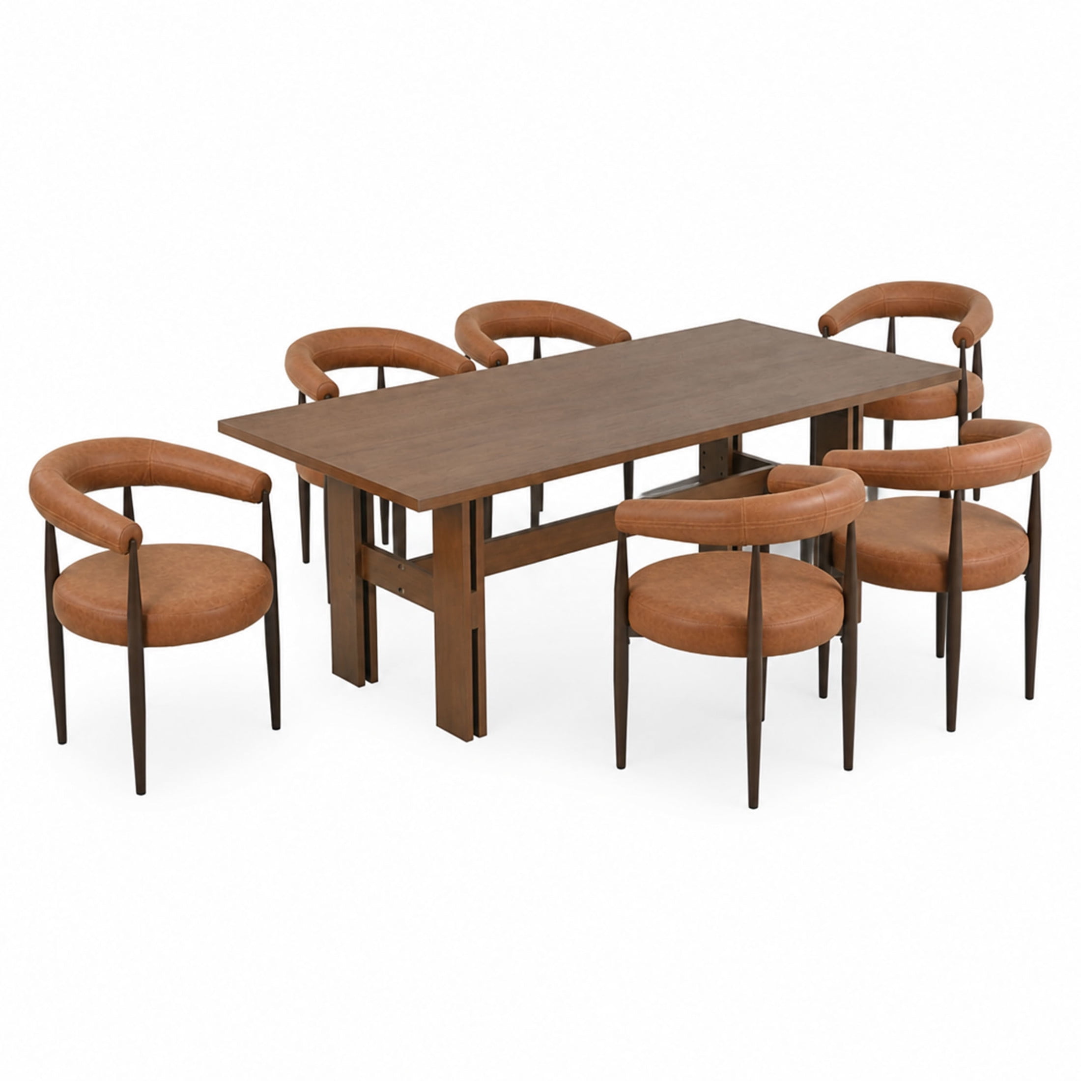 Christopher Knight Home 7-Piece Industrial Dining Set, 71" Table with PU Leather Chairs, Walnut+Brown