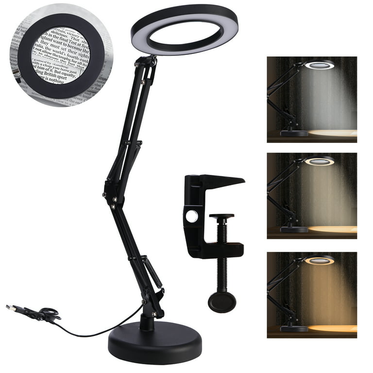 Magnifying Desk Lamp with Clamp, Dimmable LED Magnifying Lamp, Lighted  Glass Lens Swing Arm Light for for Reading Craft Black 