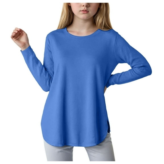 Shirt For Girls Girls Clothes Size 7 Girls Long Sleeve Shirts Kids Casual Crewneck Soft Side Slit Tunic Tops Blouse Blue 6-7 Years