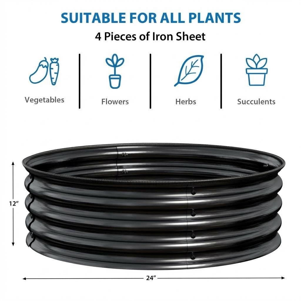 2x1FT Round Galvanized Raised Garden Bed, Rust & Corrosion Resistant Metal Box with Safe Edging for Outdoor Gardening, Black