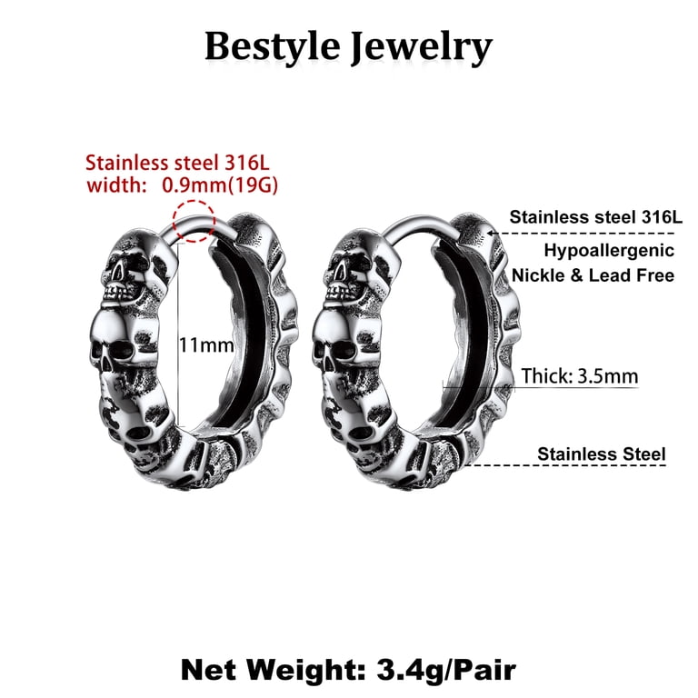 Skull Mini Hoop Earrings - Unisex Stainless Steel Gothic Grunge