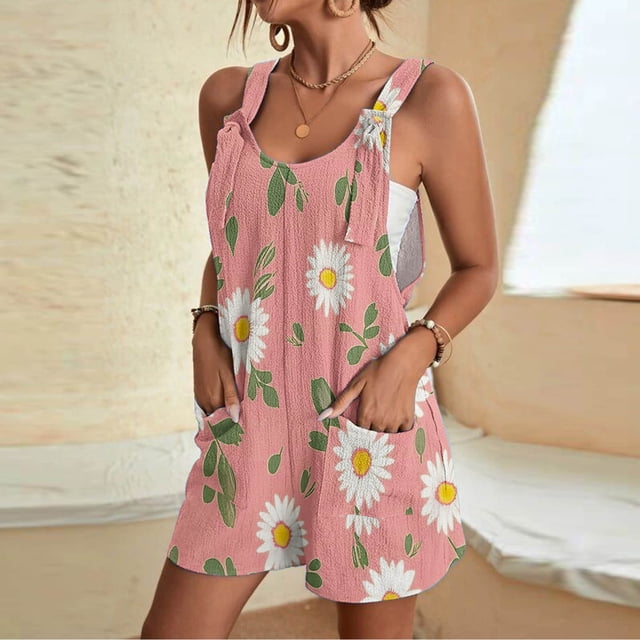 Puntoco Pantalones cortos deportivos para mujer Pantalones cortos casuales con estampado de tirantes para mujer Pantalones cortos con bolsillos