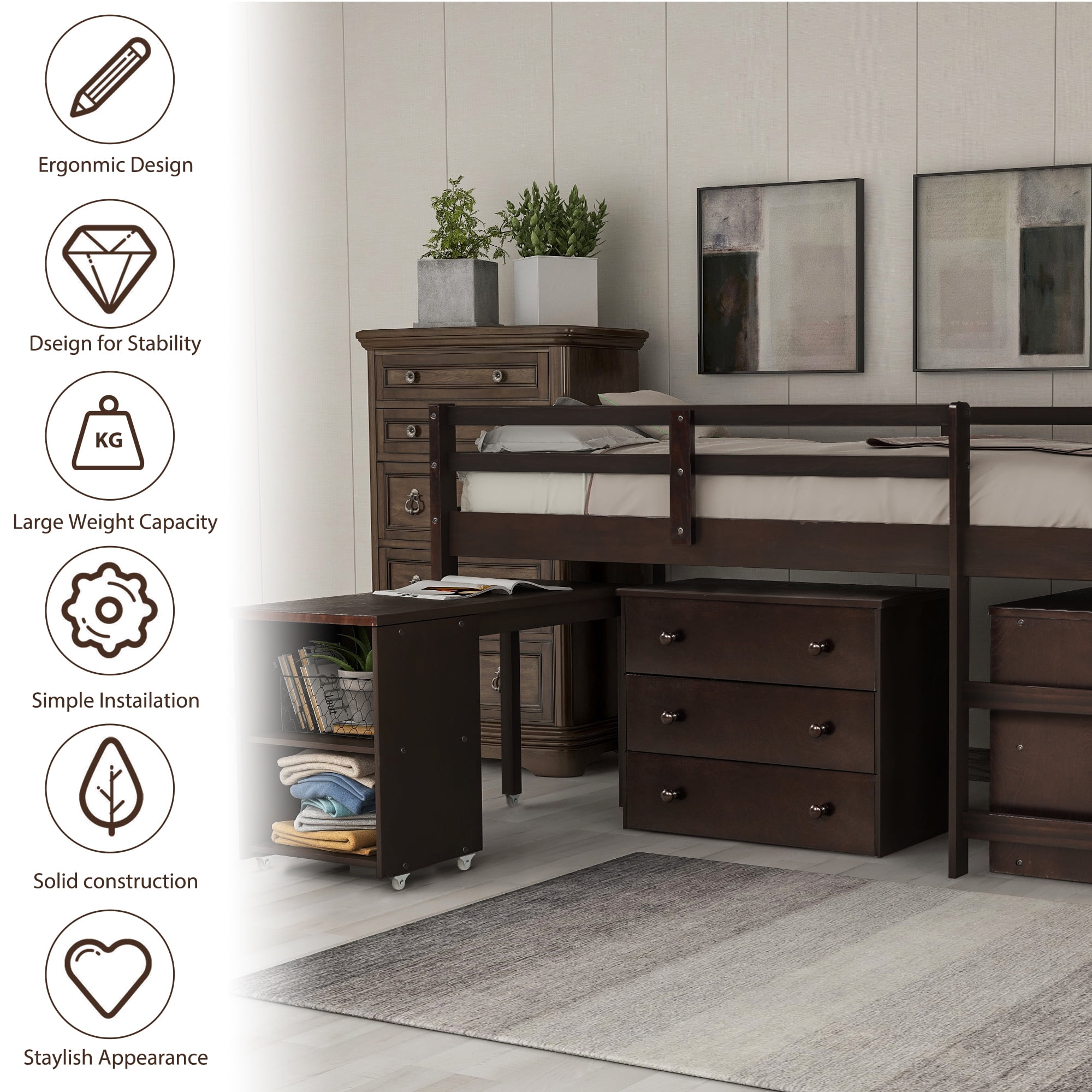 Kepooman Twin Size Low Study Loft Bed with Cabinet & Rolling Desk for Bedroom, Espresso Kepooman Twin Size Low Study Loft Bed with Cabinet & Rolling Desk for Bedroom, Espresso