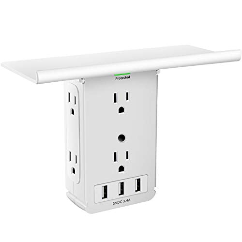 Outlet Multiplier Splitter Adapter indoor for Home Outlet Extender Surge Protector with usb ports Electric Multi Plug Wall Outlet Expander 15 amp 5V/3.4A Fast Charge Removable Outlet Shelf White 