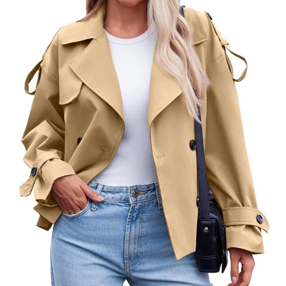 Spring Fall Women Long Sleeve Solid Double Breasted Lapel Trench Coat with Belt