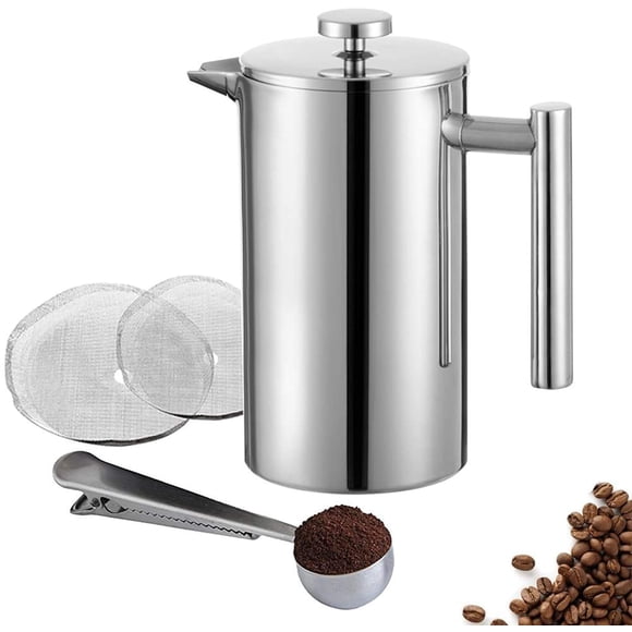 Meelio Cafetera de prensa francesa pequeña de 350 ml, prensa francesa con aislamiento de doble pared, prensa de café de acero inoxidable, incluye 2 filtros adicionales y 1 cuchara de café (1 taza, 12