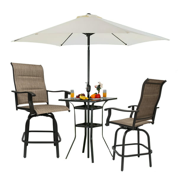 3 Pieces Outdoor Bar Height Patio Furniture 2 Swivel Chairs 1 Table Set W Umbrella Hole Padded Textilene All Weather Home Garden Com - Bar Height Patio Set With Umbrella Hole