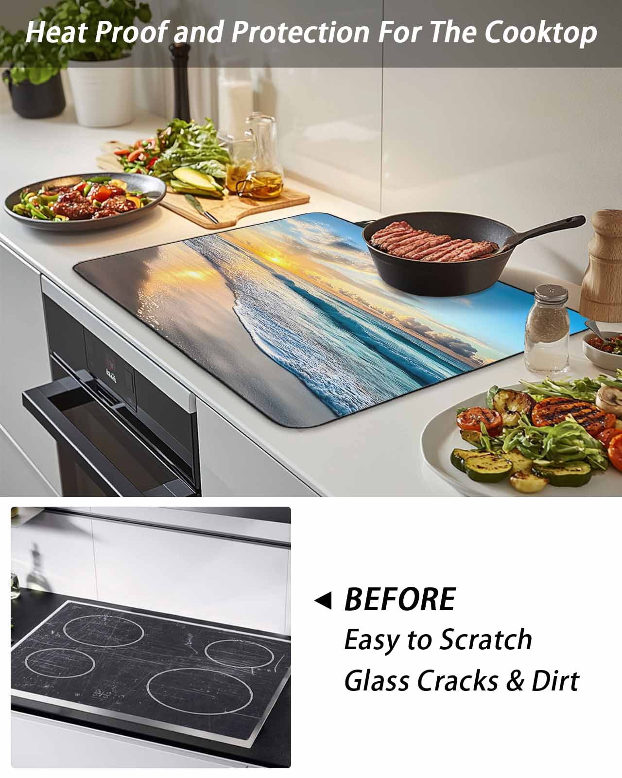 Stove Top Covers for Electric Stove, Ocean Sunset Glass Stovetop Cover Protector, Beach Blue Sky Coastal Seashore Summer Induction Cooktop Protector Oven Mat for Kitchen Countertop 24"x21"