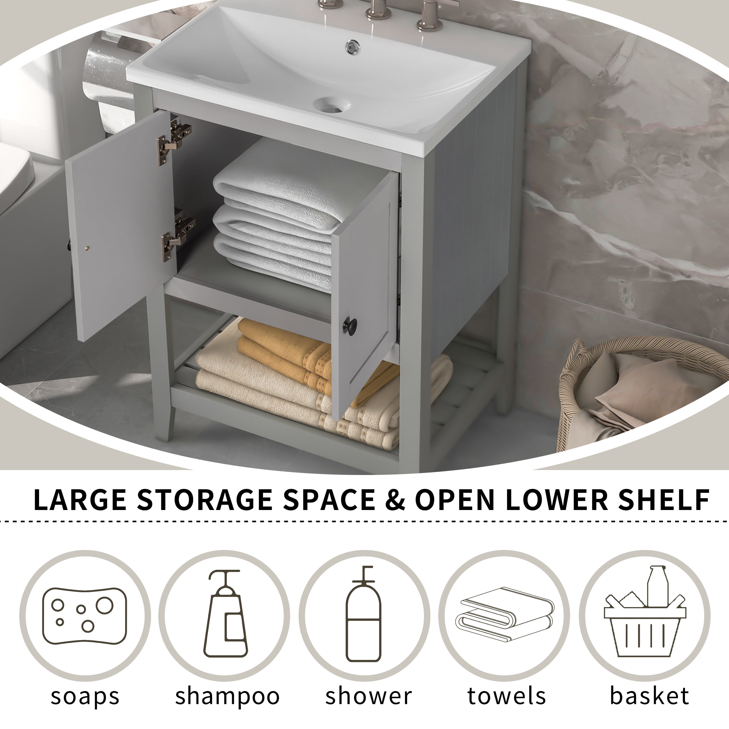 24'' Modern Bathroom Vanity with Ceramic Sink, Solid Wood Frame, Two-Door Cabinet & Open Bottom Shelf