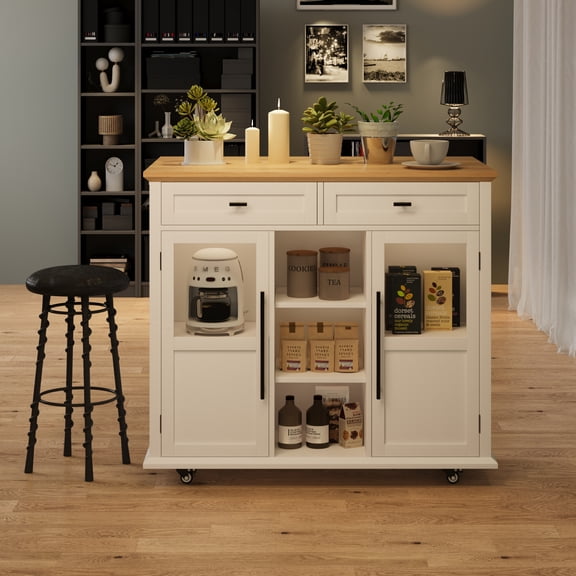 Mobile Kitchen Island Cart with Drop Leaf - Ample Storage, Glass Door Cabinets, Drawers, Open Shelves, Adjustable Shelves, Trash Compartment - Rolling Table for Kitchen- White with Natural Wood Top