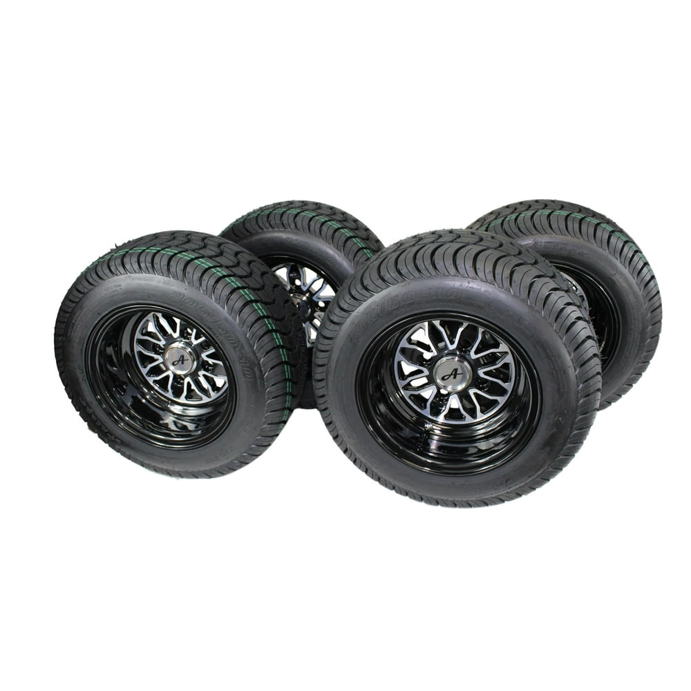 205/50-10 with 10x7 Fusion Glossy Black Wheels for Golf Cart (Set of 4 ...