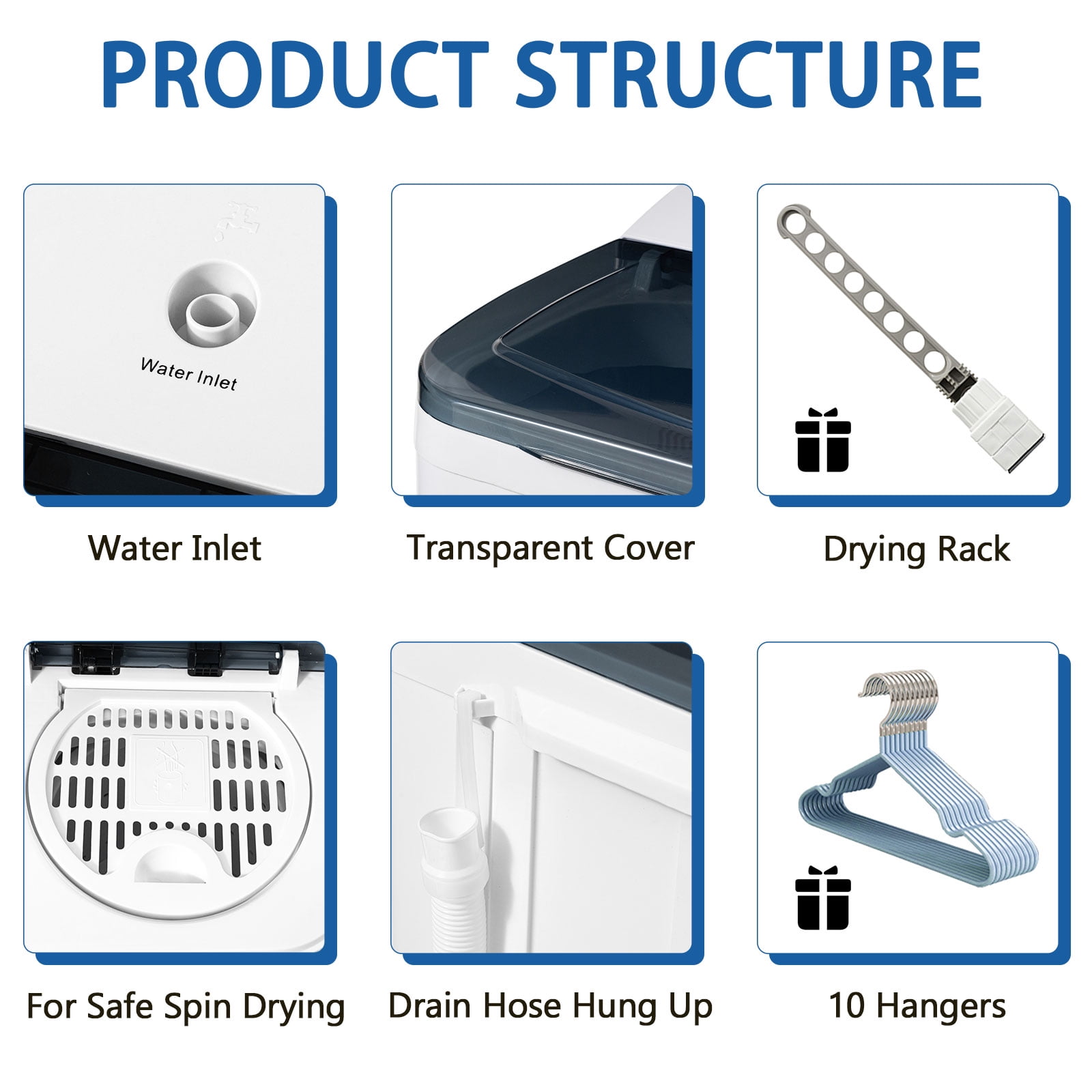 Dimedeal 32 lbs Portable Twin Tub Mini Washing Machine, 20 lbs Washer & 12 lbs Spinner with 1 Drying Rack & 10 Hangers