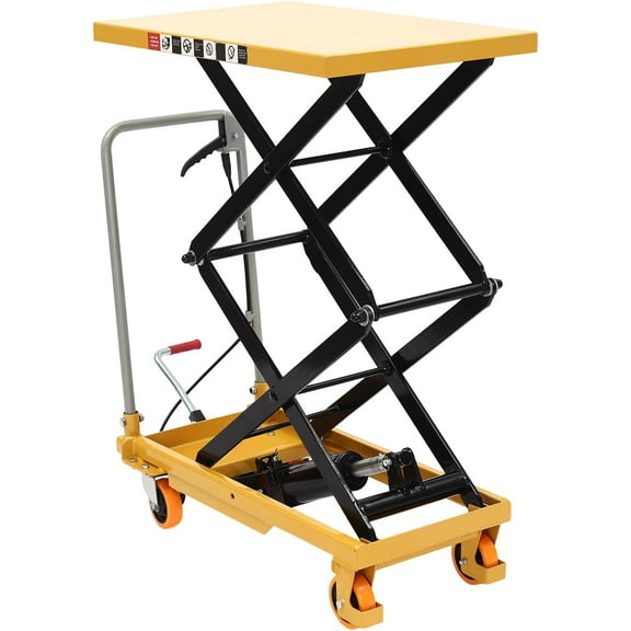 Hydraulic Lift Table Cart, 770lbs Capacity, Double Scissor, 51" Lift Height, Manual Hydraulic, with Wheels, Ideal for Factories, Warehouses, Supermarkets, Yellow