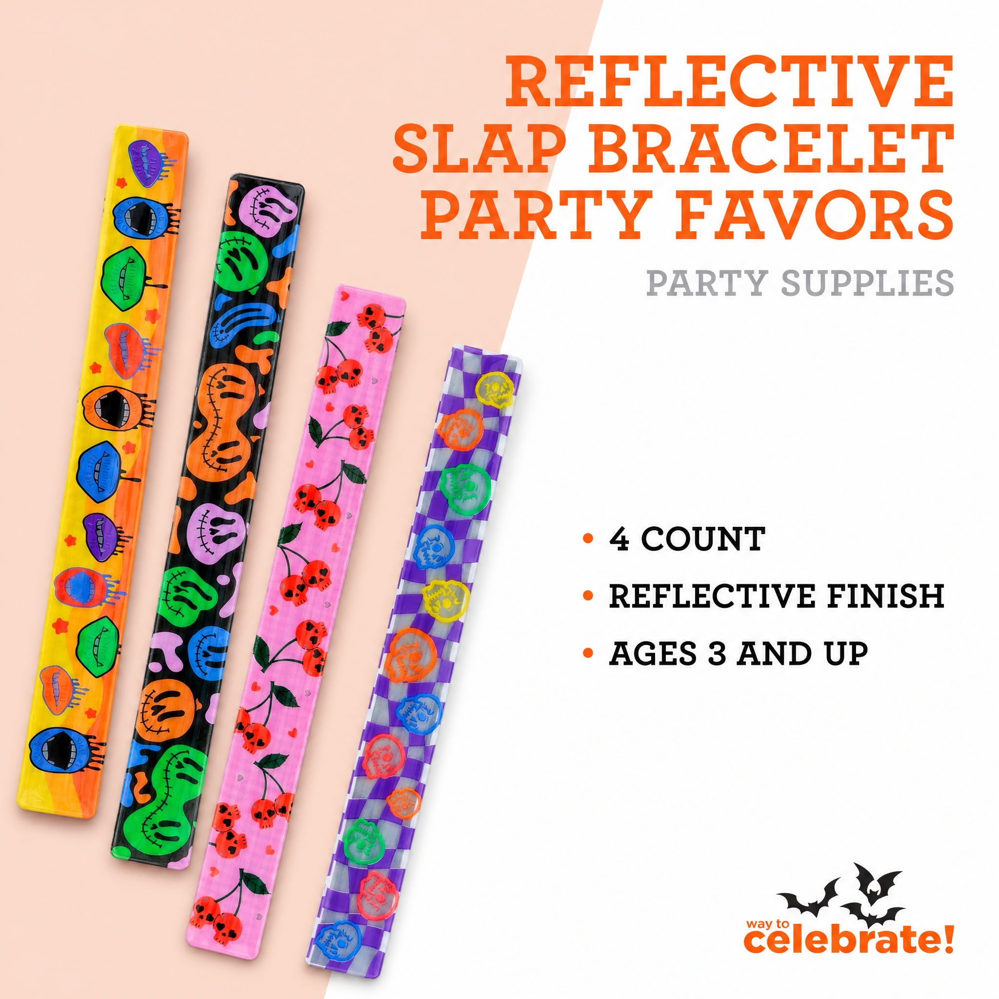 Reflective Slap Bracelet Party Favors, Multicolor, 4 Count, Halloween by Way To Celebrate