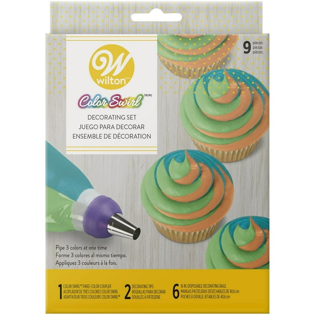 Wilton Color Swirl 3-color piping bag coupler kit packaging with image of the coupler attached to three colored bags and cupcakes decorated with green, orange, and blue swirled frosting.