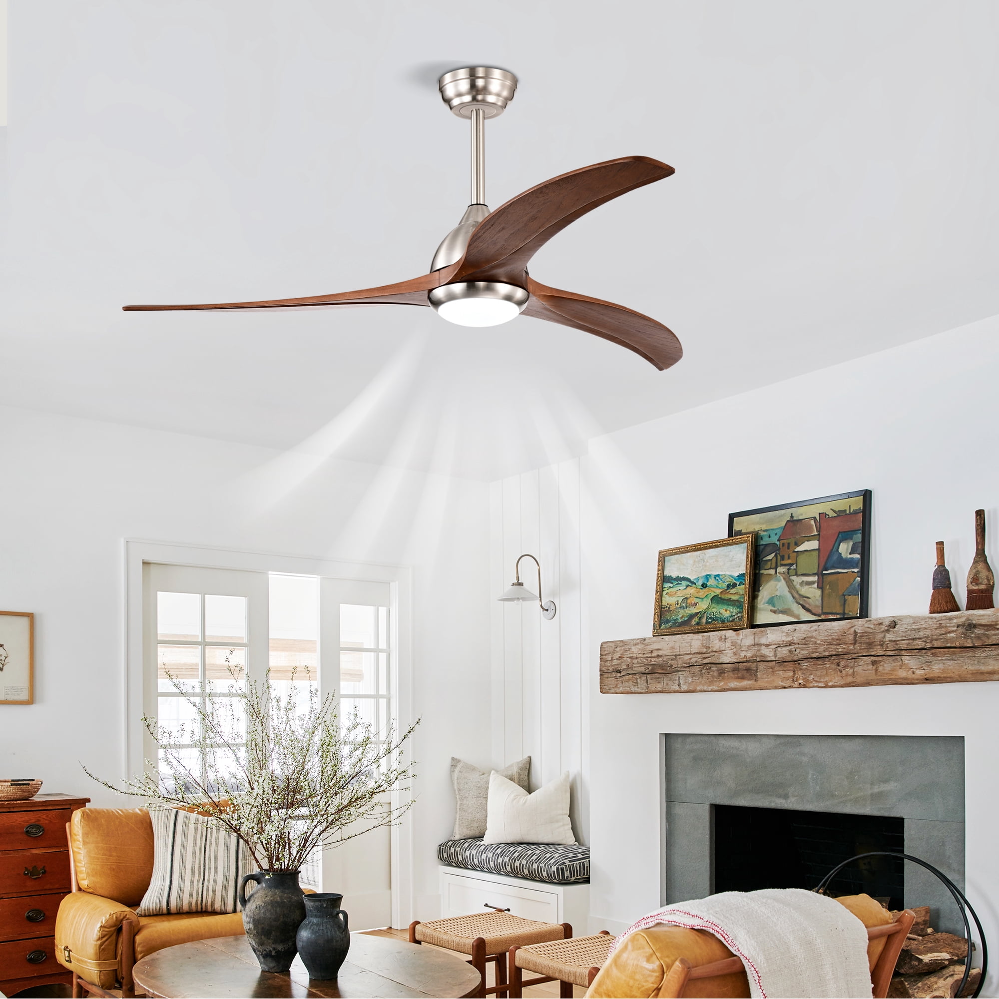 Ceiling Fan with Light, 52 Inch Reversible Noiseless Fan for Home Indoor Living Bedroom, Stain Nickel Walnut