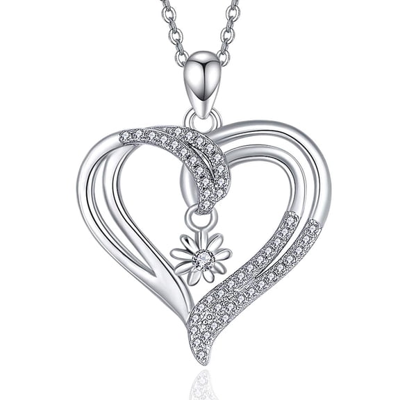TANGPOET Daisy Heart Necklace for Women 925 Sterling Silver Layered Double Heart Pendant Necklaces Birthday Wedding Jewelry Gifts for Her