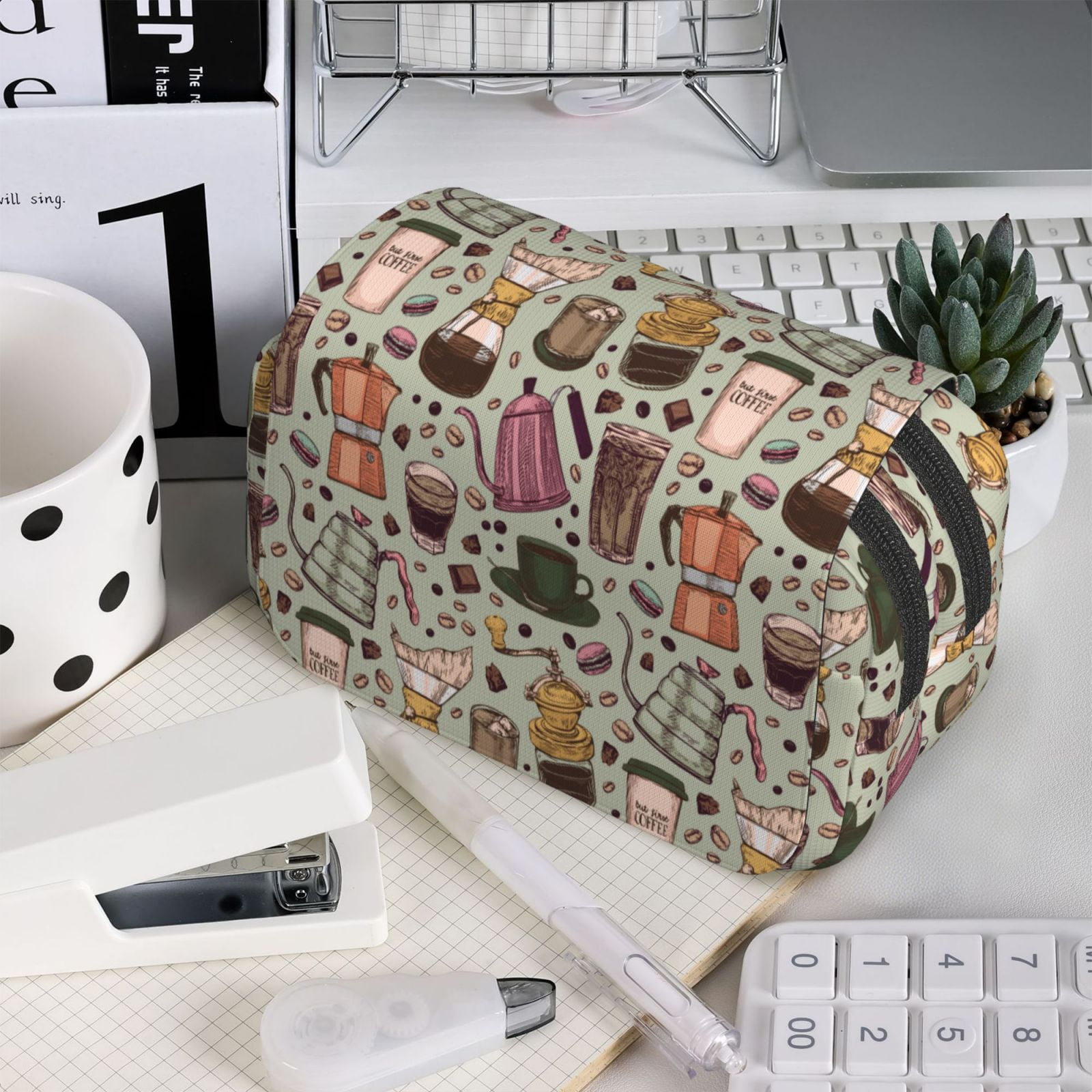 Rateoe Coffee pots cup Pattern Double Clamshell Pen Case, Storage Organizer with Two Zipper Compartments– Holds Up to 50 Pencils & Pens