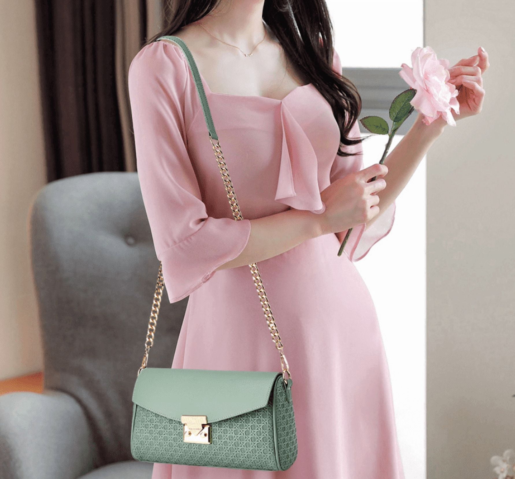 PORT&LOTUS Women's Crossbody Bag, Fashion Textured Faux Leather Shoulder Bag with Wide Adjustable Strap and Gold Chain, Trendy Flap Purse for Daily Wear