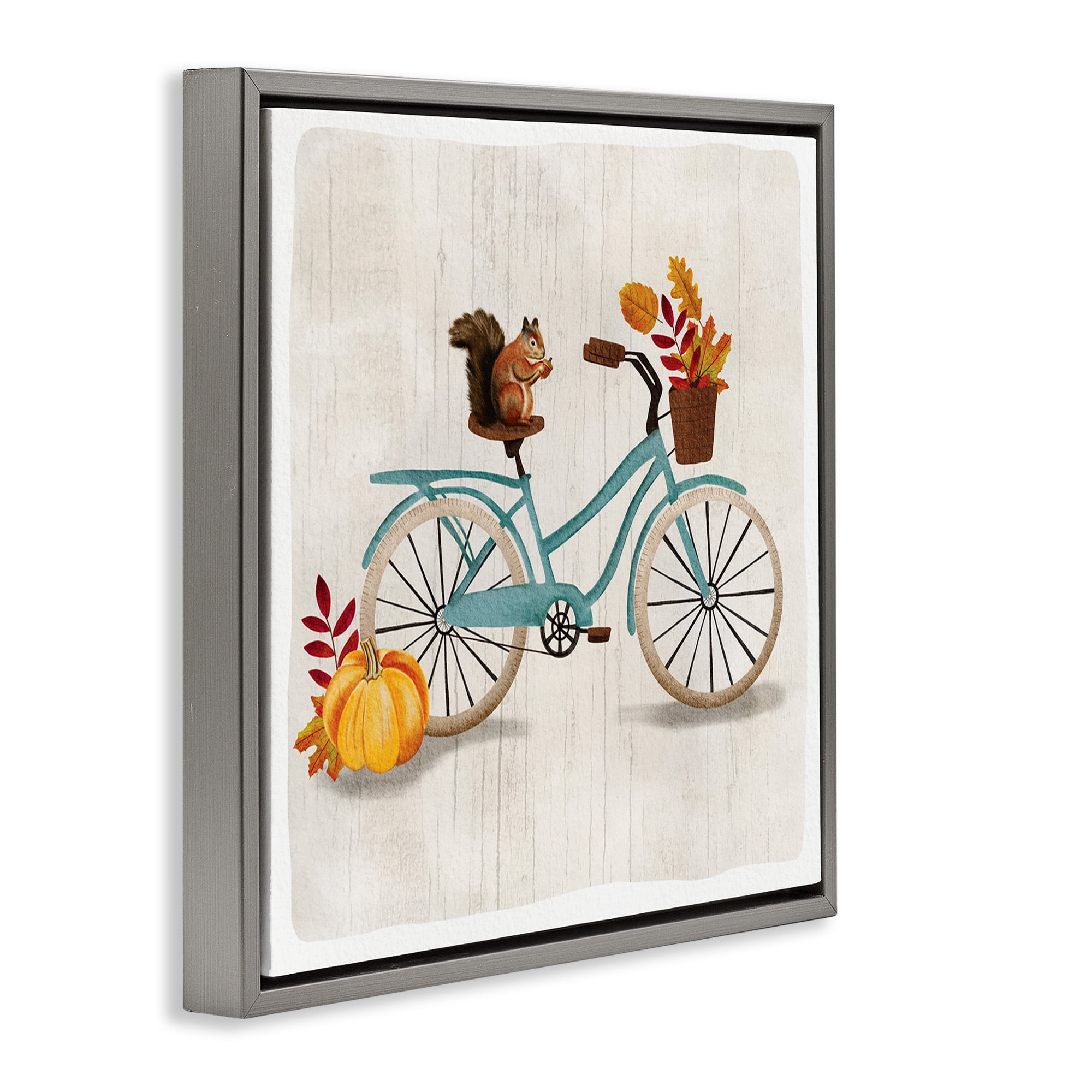 Stupell Industries Squirrel on Autumnal Bicycle Animals & Insects Painting Gray Floater Framed Canvas Art Print Wall Art, 18 x 18