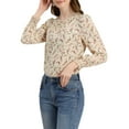 thumbnail image 4 of Allegra K Women's Smocked Cuffs Keyhole Back Ruffled Crew Neck Floral Blouse, 4 of 6