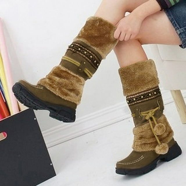 YOUSNH Chaud à Bout Haut Neige Talons Ronds Rétro Garder Milieu Chaussures Boule de Poils Bottillons à Enfiler Femmes Bottes pour Femmes Bottes pour Femmes Brun 8