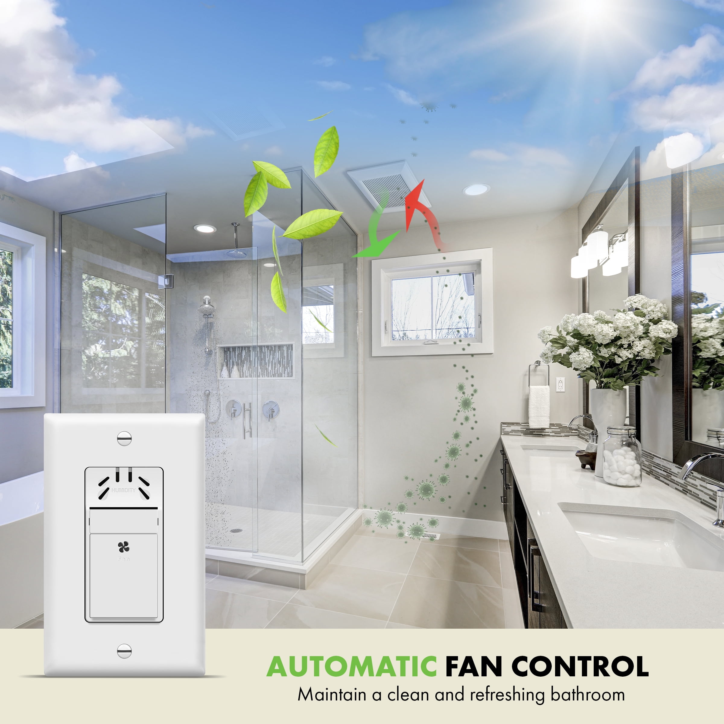 TOPGREENER Humidity Sensor Switch for Ventilation Fan, Air Moisture Detection, Bathroom Automated Control, Adjustable Timing, Neutral Wire Required, White