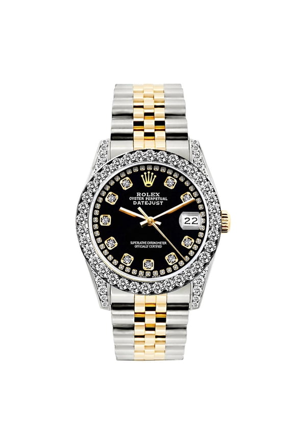 Pre-Owned Rolex Datejust Diamond Watch, 26mm, Yellow Gold and Stainless Steel Bracelet Black Dial w/ Diamond Bezel and Lugs