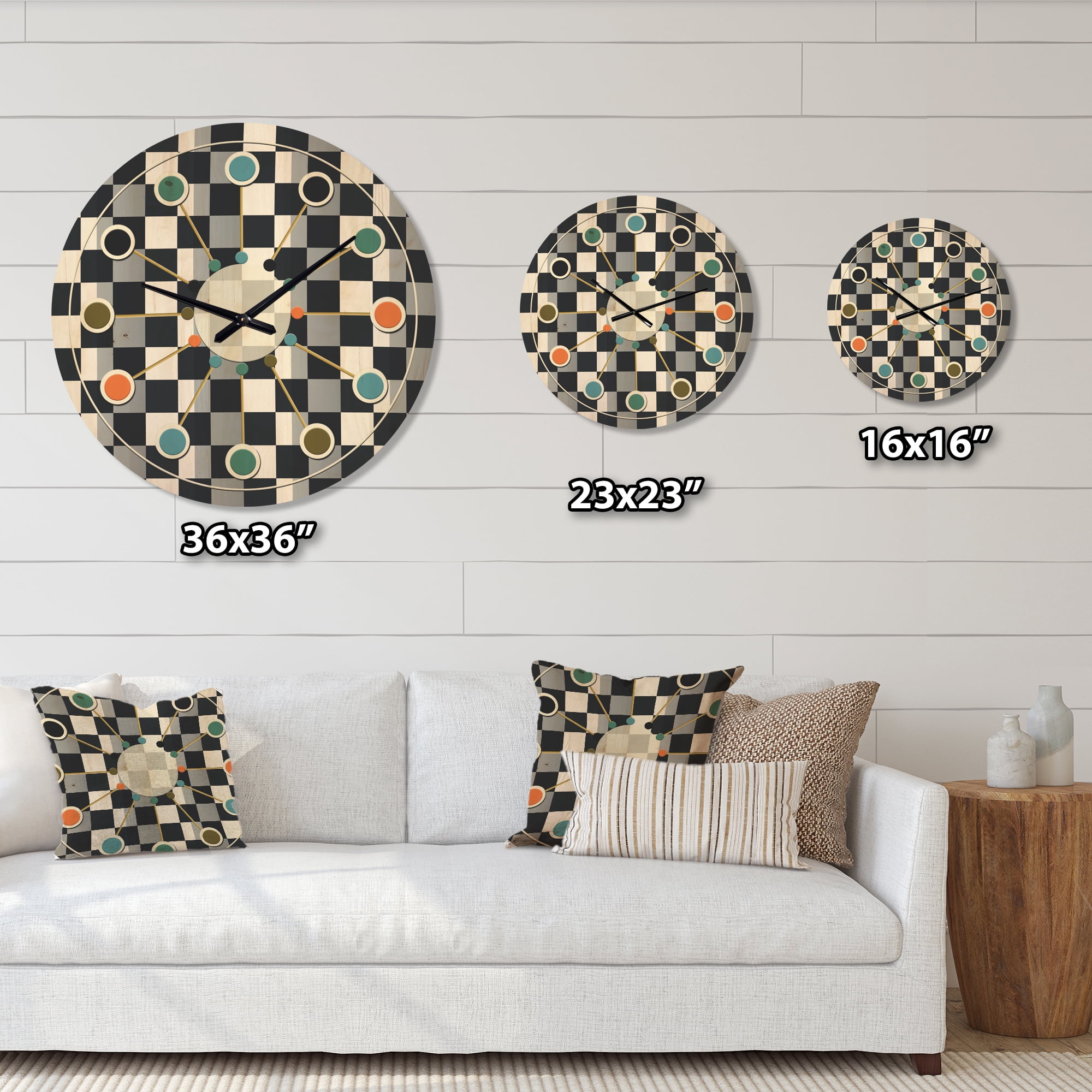 Designart 'Geometric Black and White Pattern I' Mid-Century Modern Wood Wall Clock
