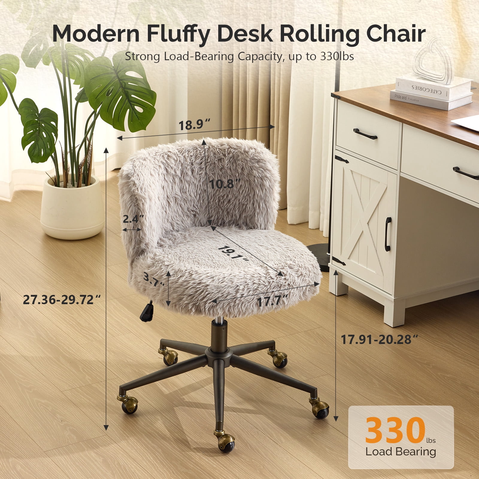 Ktaxon Vanity Chair, Adjustable Desk Chair with Metal Base and Swiveel Casters, Long Pile Fabric Makeup Chair for Women, Ideal for Office,Study and Home Gray