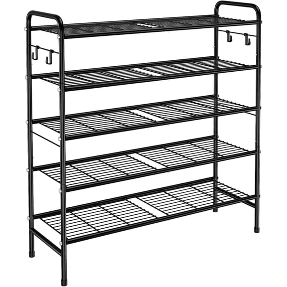 5 Tier Shoe Rack 33" Wide Metal Shoe Organizer Long Shoe Storage with 4 Side Hooks Sturdy Shoes Shelf for Closet, Front Door Entrance, Garage, Dorm, Black