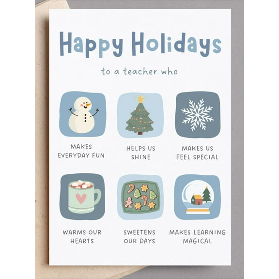 Happy Holidays Greeting Card for Teacher – Festive Design with Snowman, Christmas Tree, and Heartwarming Messages – Perfect for Year-End Appreciation Gifts