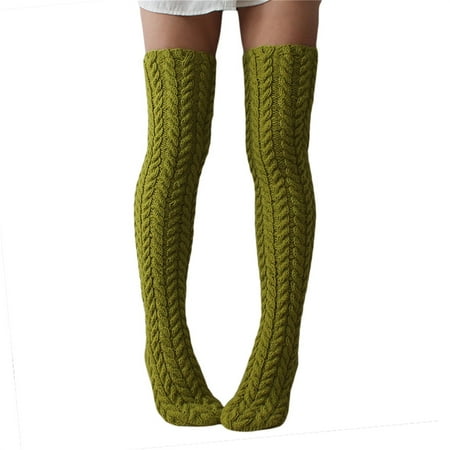 

Calsunbaby Women Cable Knitted Long Stockings Thigh High Boot Socks Winter Solid Color Over Knee Leg Warmers Green