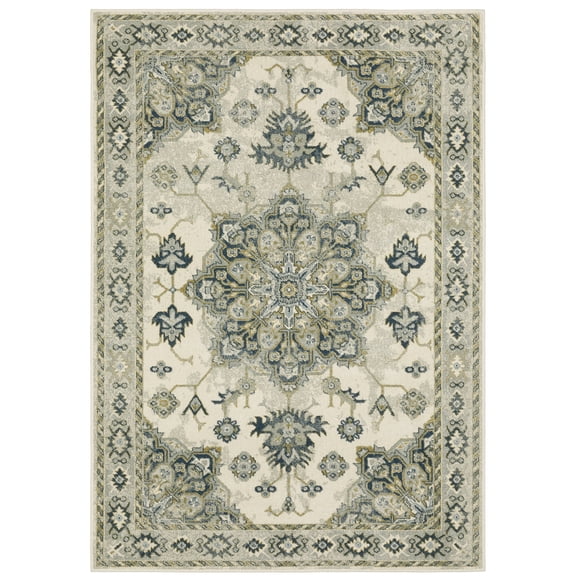 Oriental Weavers Branson Area Rug - BR04B - 3'3" x 5' - in Ivory/ Blue - Vintage Inspired, Stain Resistant, Family and Pet Friendly , Entrway, Bedroom Rug