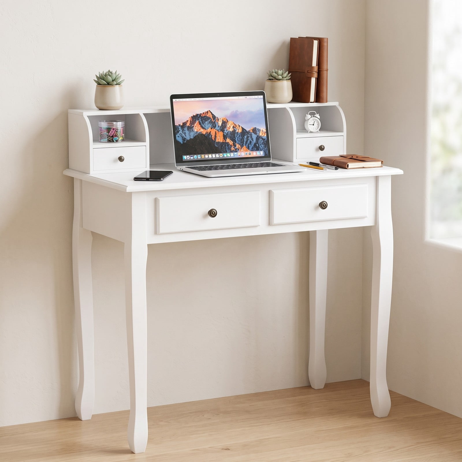 Furnibear Vanity Desk with 4 Drawers, 2-Tier Writing Desk Computer Desk with Detachable Storage Cabinet for Home Office and Bedroom, White