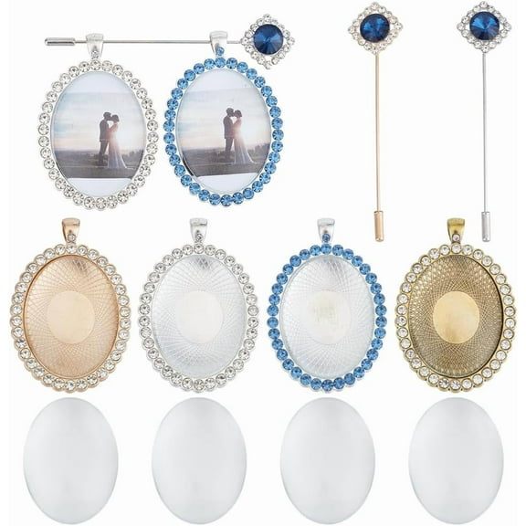 4Pcs Bouquet Photo Charm Wedding Bouquet Memorial Photo Charms Oval Gold Silver Memory Pendant with 2 Brooch Pins Rhinestone DIY Picture Frame Charms for Wedding Bride Groom Family Couple