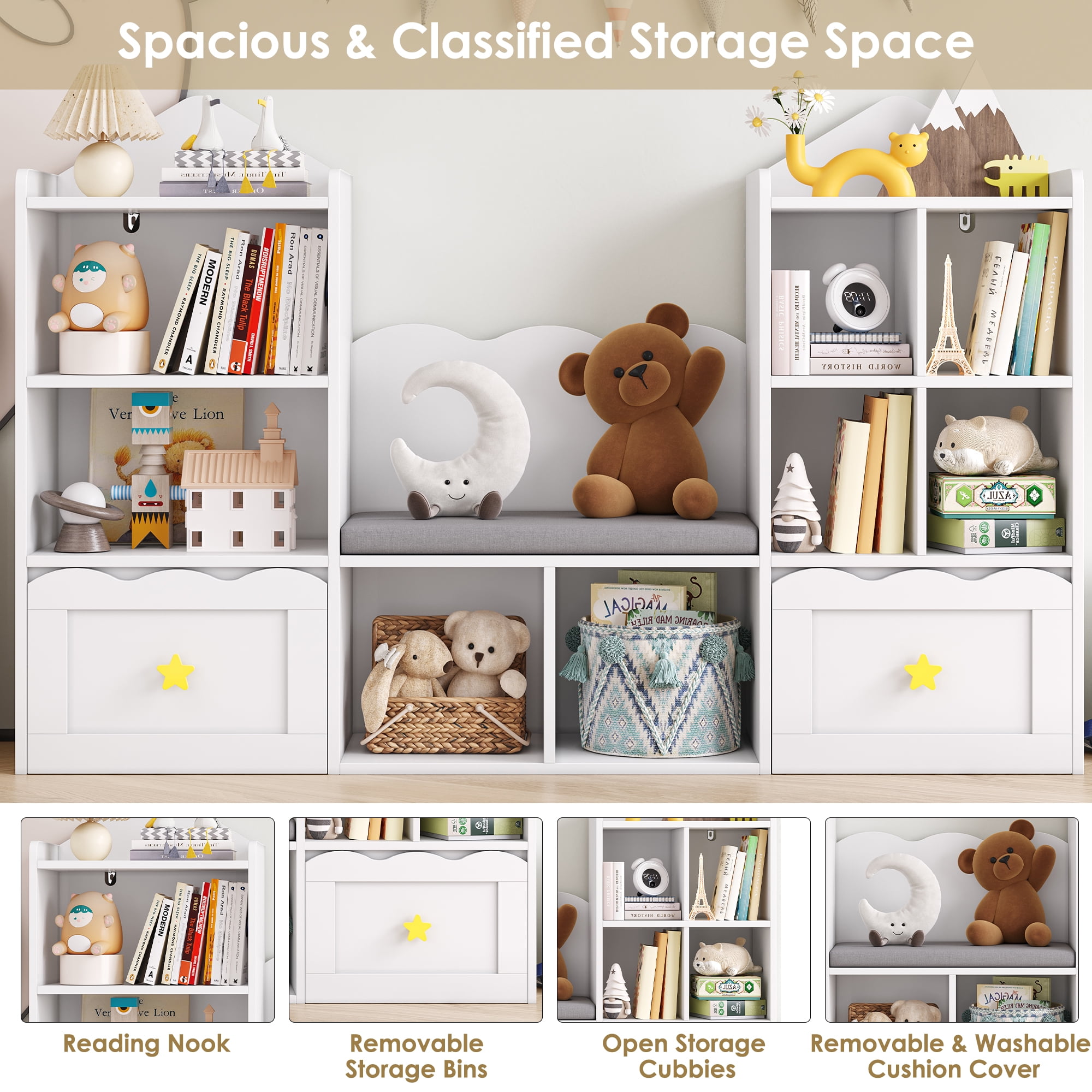 Homfa Kids Bookshelf with Reading Nook, Kids Storage Cabinet with 8 Cubby, 2 Wood Toy Bin for Nursery Kids Room, White