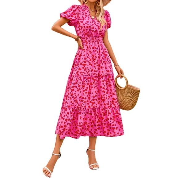 Summer Maxi Dress for Women Casual Wear To Work V Neck Puff Short Sleeve Smocked Ruffle Flowy Beach Boho Long Floral Dress