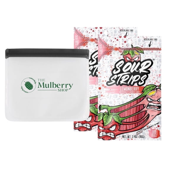 Sour Strips Lemonberry Candy 3.4 oz Bags 2 Pack with Storage Bag by The Mulberry Shop