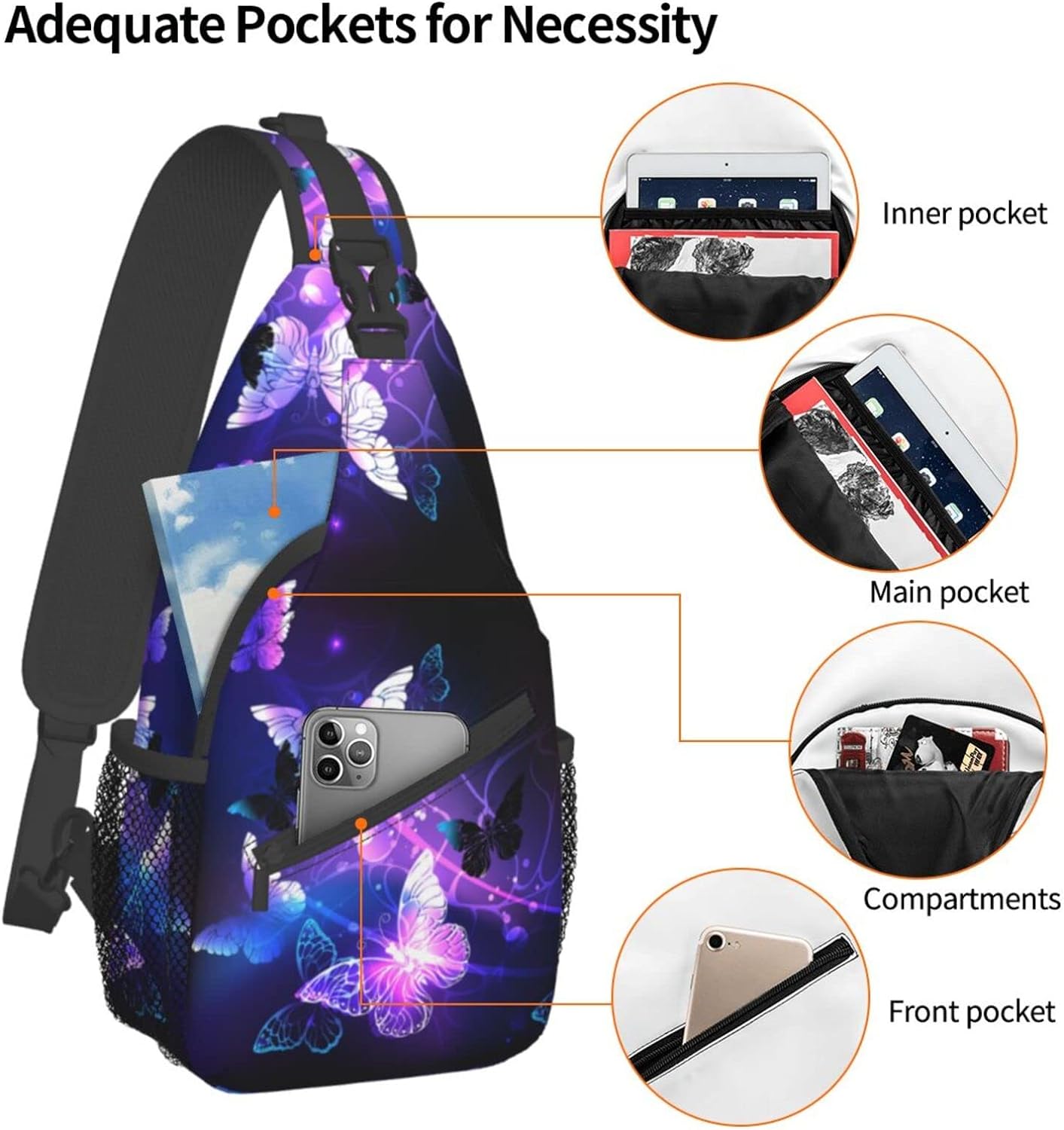 Purple Butterfly Glow In Dark Sling Bag Crossbody Hiking Travel Chest Bags Backpack Shoulder Daypack for Women Men